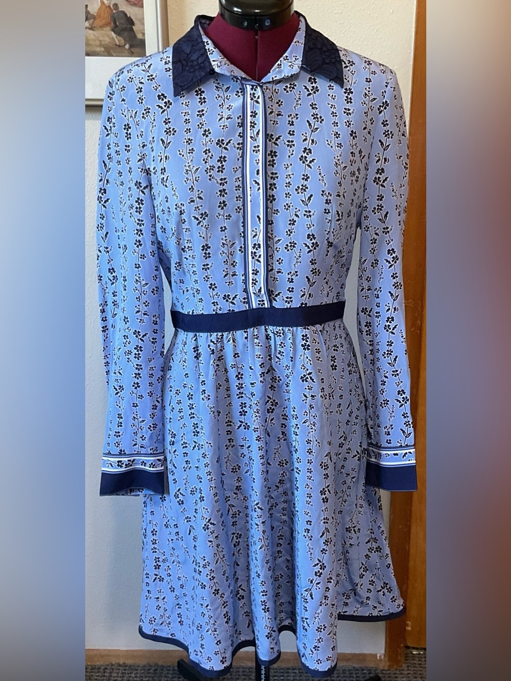 Vintage Blue Silk Floral Long-Sleeve Fit & Flare Dress